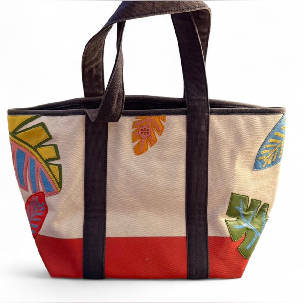 TORY BURCH beach canvas leaf tote. Includes drawstring dust cover! Embellished!